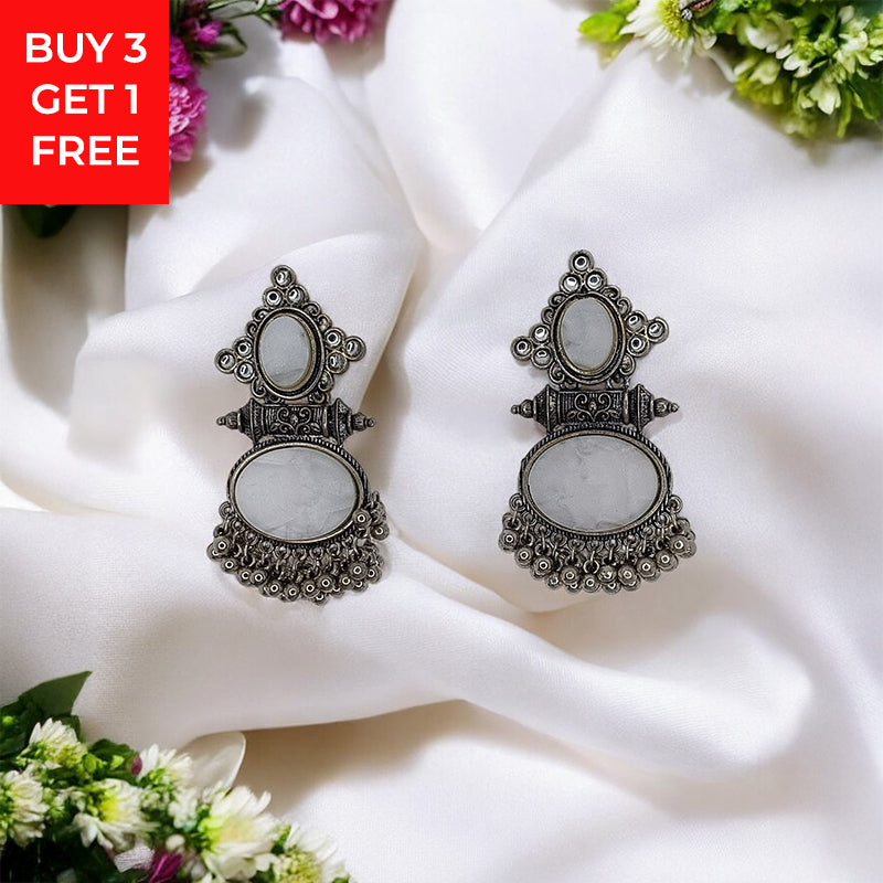 White Stone Silver Oxidised Earrings
