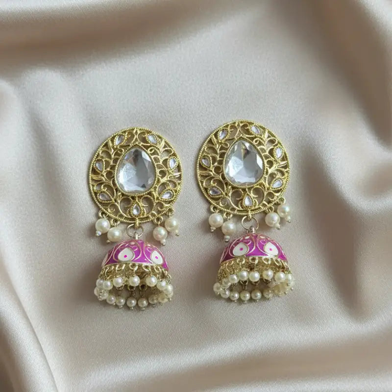 Aarvi Gold Kundan Jhumka Earrings