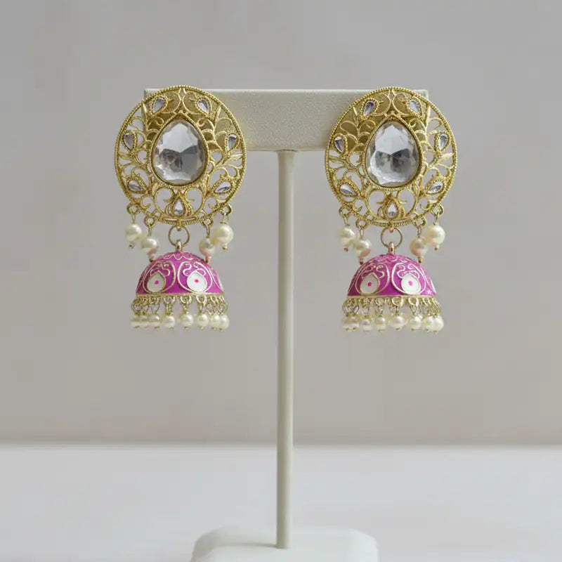 Aarvi Gold Kundan Jhumka Earrings