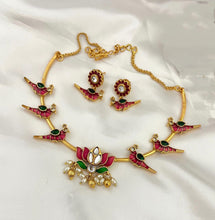 Antique Gold Enamel Kundan Lotus Birds Hasli Necklace