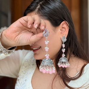 Pooja Silver Oxidised Earrings- Baby Pink