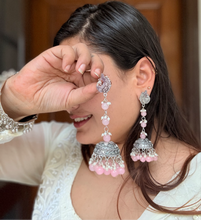 Pooja Silver Oxidised Earrings- Baby Pink