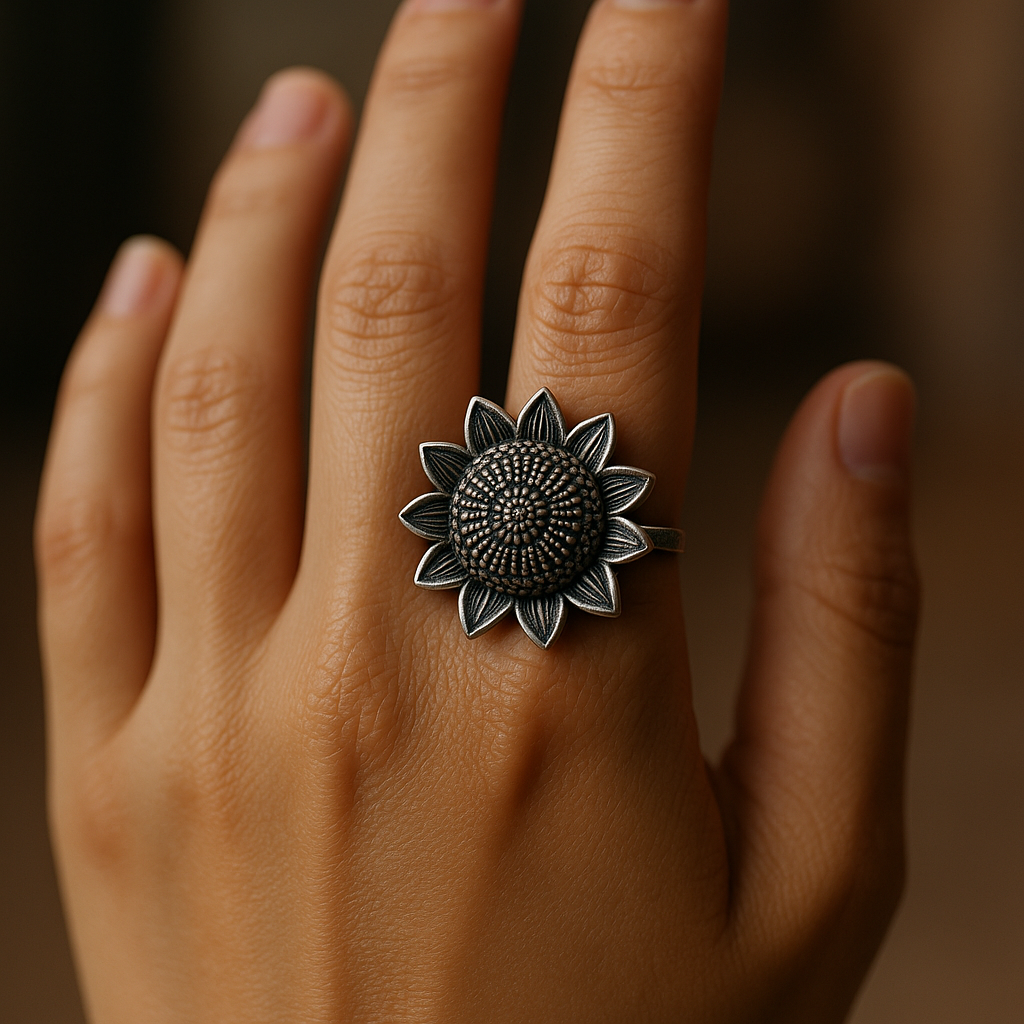 Sunflower Alloy Silver Oxidised Ring