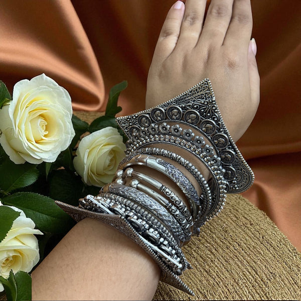 Dharvi Set Of 8 Silver Oxidised Bangles