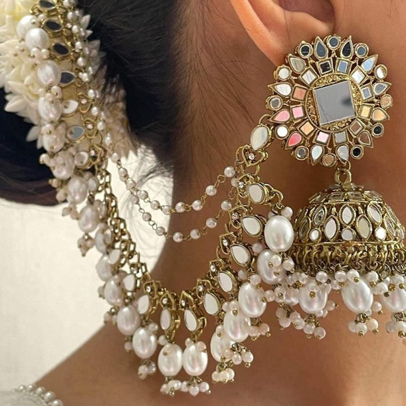 Aahana Kundan pearl jhumka with ear chain set