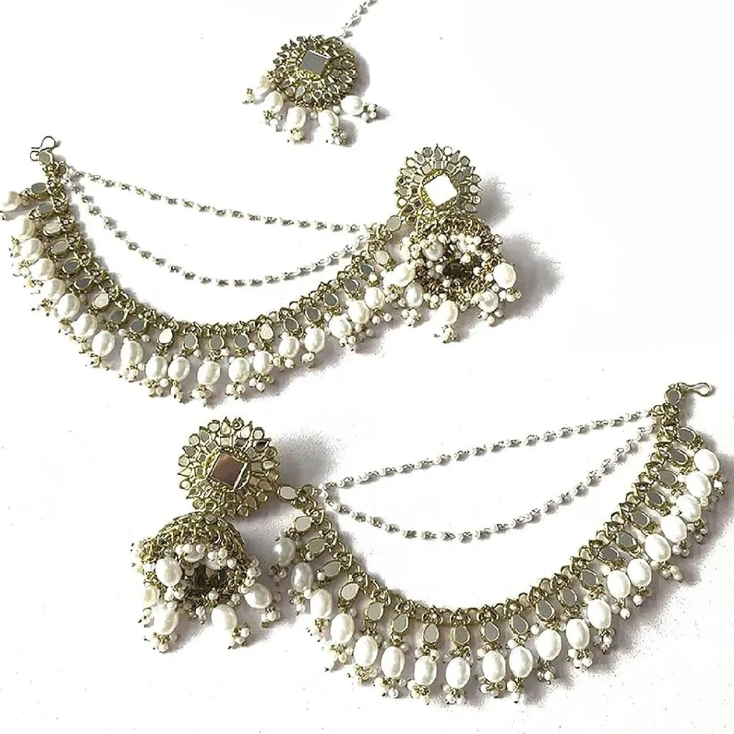 Aahana Kundan pearl jhumka with ear chain set