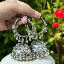 Preet Silver Oxidised Hoop Jhumka Earrings