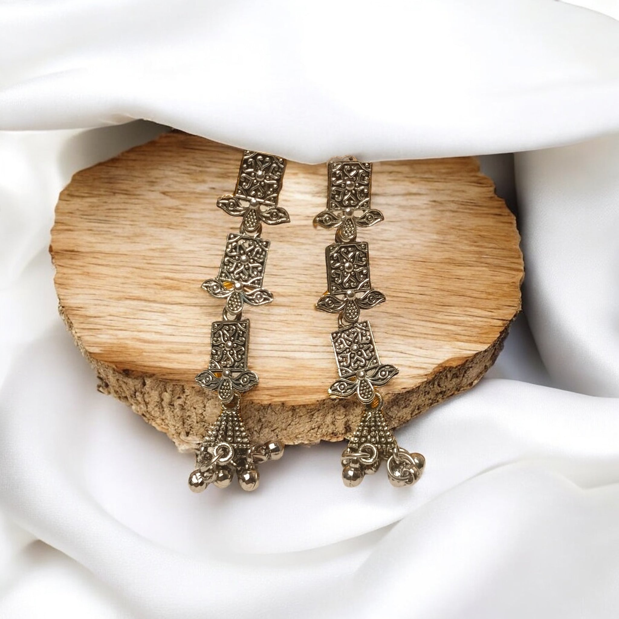 3-layered Silver Long Drop Earrings